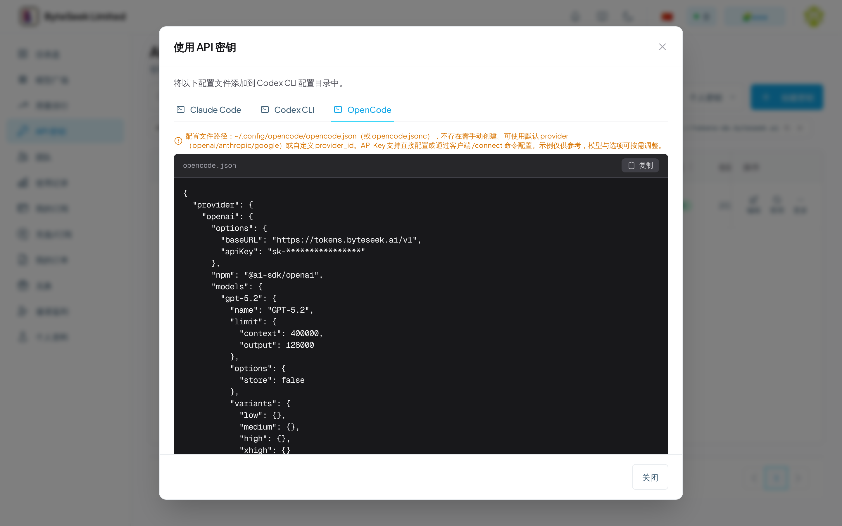 使用密钥弹窗 OpenCode 标签